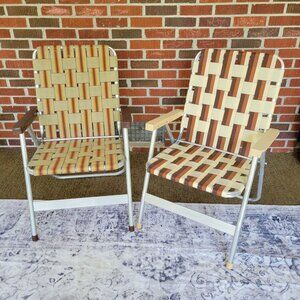 Sun Terrace 2 Vintage Brown Tan Aluminum Webbed Lawn Chair Camping Portable Pati